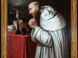 a painting of a man in a white robe holding a skull