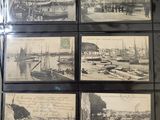 several old black and white photos of boats in a harbor