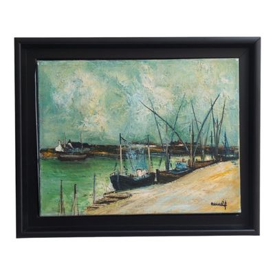 framed oil painting of boats docked on the shore of a harbor