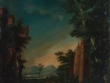 a painting of a landscape with a river and a castle in the distance