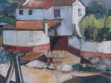 tableau représentant une peinture d'une maison et d'un chien dans un jardin