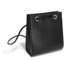 a black leather handbag with two handles and a rope