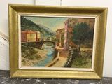 une peinture à l'huile représentant un pont sur une rivière avec des bâtiments à l'arrière-plan