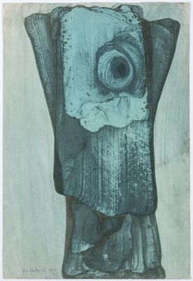 an image of a painting of a blue vase with a flower in it
