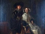 un vieux tableau représentant un homme et une femme debout l'un à côté de l'autre