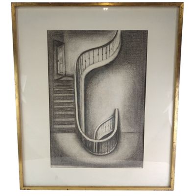 dessin en noir et blanc, encadré, représentant un escalier menant à une porte