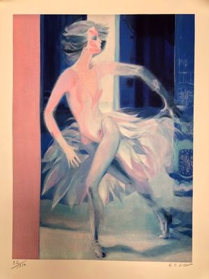 On y voit une peinture à l'huile représentant une femme en robe blanche