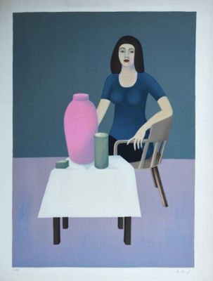 a painting of a woman sitting at a table with a vase on it