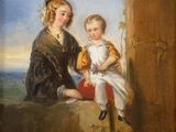 an image of a painting of a woman and a child sitting on a ledge