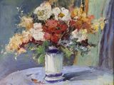 a painting of a vase of flowers on a table
