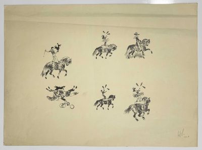 drawing of a group of people riding horses and a man on a horse