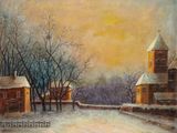 une peinture à l'huile représentant un village enneigé avec une église et des arbres