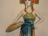 painting of a woman in a blue dress holding a tray