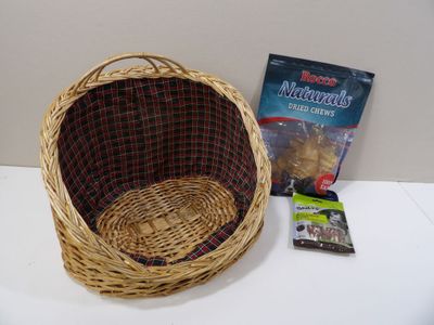 a wicker basket and a package of nuts on a table