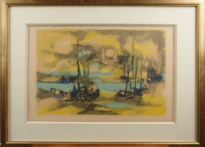 a picture of a painting of boats on the water