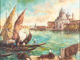 une peinture représentant des bateaux sur l'eau près d'un bâtiment