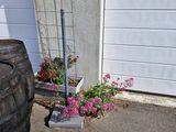 a wooden barrel sitting next to a planter filled with flowers