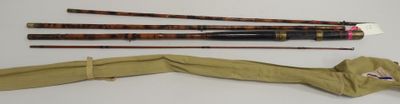 three different types of fishing rods and a bag