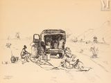 une image représentant un dessin d'un groupe de personnes travaillant sur un camion