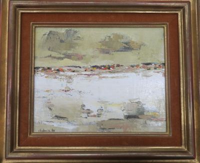 une image d'une peinture représentant une scène de plage avec un bateau dans l'eau