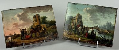 une paire de tableaux représentant une scène de village et un pont au bord d'une rivière