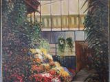 une peinture à l'huile représentant une serre avec des fleurs et des plantes au premier plan