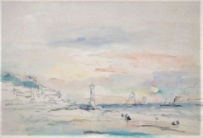 a watercolor painting of a beach scene with boats in the water
