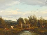 a painting of cows grazing in a field by a stream