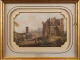 an old picture of a painting of a castle in a gold frame