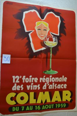 a red poster with a woman holding a glass of wine