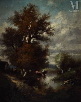 a painting of a river scene with cattle and trees in the foreground