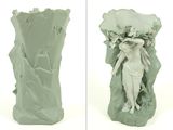 two pictures of a vase with a statue on it