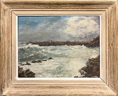 une peinture à l'huile représentant une vue sur un plan d'eau avec des rochers au premier plan