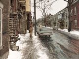 un tableau représentant un homme marchant dans la rue sous la neige
