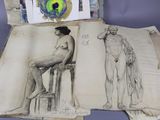 a drawing of a woman sitting on a stool next to a drawing of a man