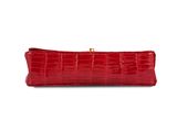 a red crocodile skin clutch bag with a gold clasp