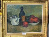 a painting of a still life with apples and a bottle
