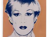 a painting of a woman ' s face on an orange background