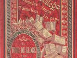 a red book cover with a picture of a pile of books on it