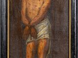 an oil painting of jesus on the cross in a black frame