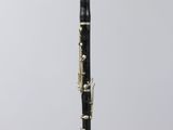 a black and gold clarinet sitting on top of a clear box