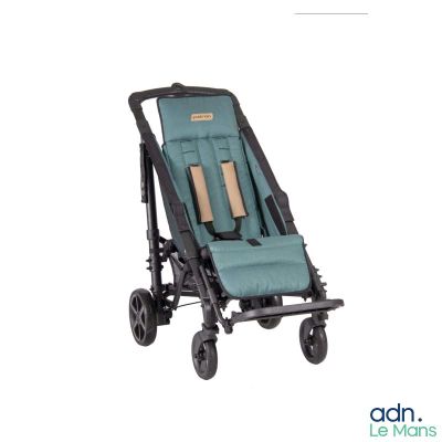 the baby stroller is blue and has a black handlebar