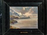 an image of a painting of a lake with mountains in the background