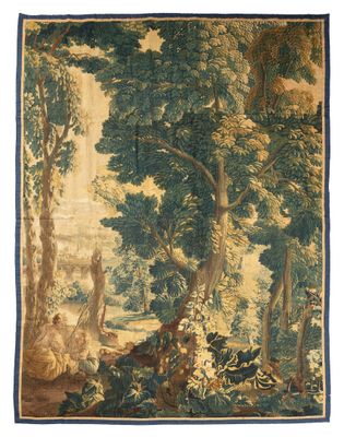 a tapestry depicting a wooded scene with figures and trees