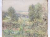 une image d'un tableau représentant un paysage avec des arbres au premier plan