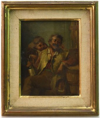 une peinture à l'huile représentant deux hommes assis sur un canapé avec un chien