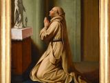 an image of a painting of a monk praying in front of a statue