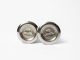 pair of silver cufflinks with the word love written on them