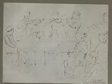 drawing of a group of people in a room with a dog and a cat