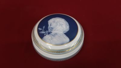 a picture of a blue and white box with a picture of a woman on it